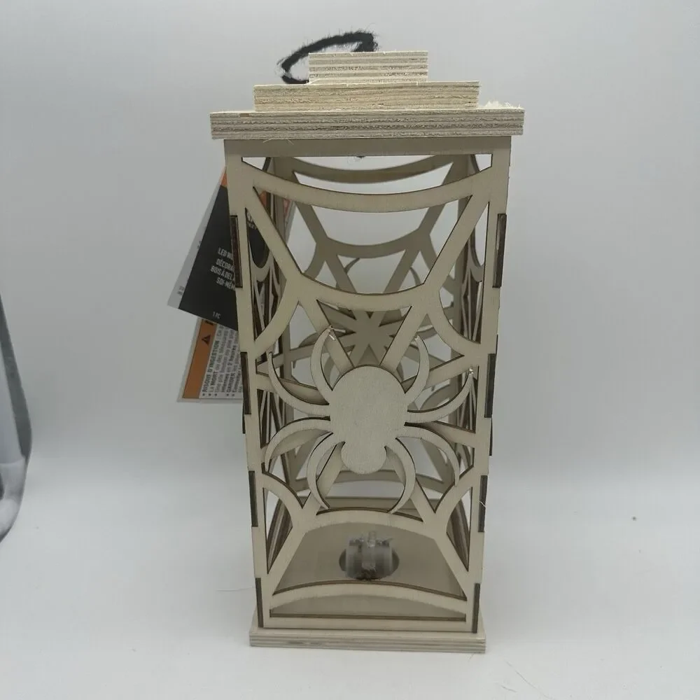 2PC Halloween Wooden Spider Lantern LED Light Up Centerpiece Decoration